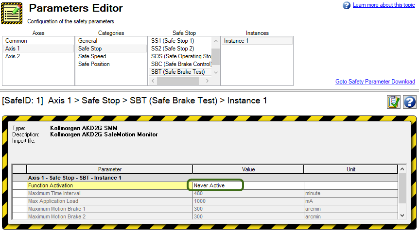 Screen capture of the Parameters Editor with the parameter Function Activation value of Not Active circled